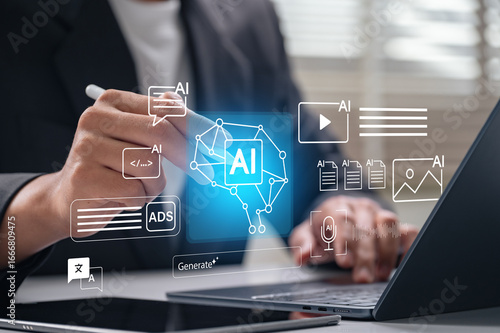 AI content generation for ads and marketing visuals in modern workspace, showing user creating text, code, and media using automation and creative tools for digital campaigns
