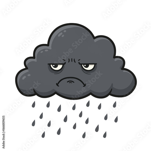 An angry frowning cartoon storm cloud shedding raindrops.