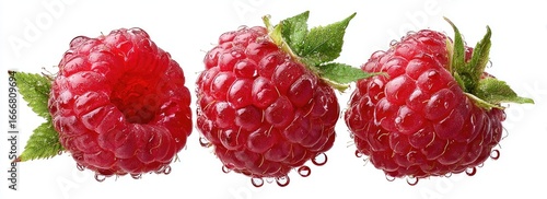 Three fresh raspberries, glistening with water droplets, are arranged in a horizontal row against a pure white background.