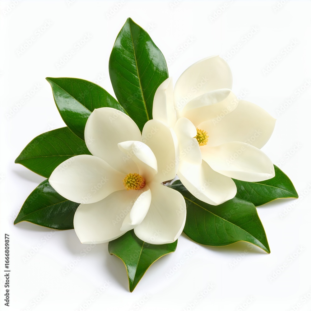 Obraz premium Elegant creamy blossoms with verdant foliage, captured in pristine detail on white background