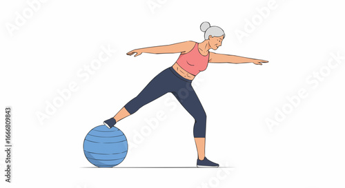 Active elderly woman balancing on exercise ball in fitness training  