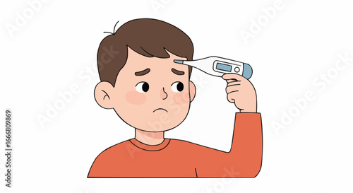 Sick boy checking temperature with digital thermometer at home  