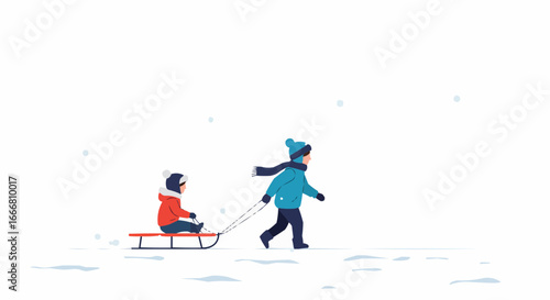 One child pulls another child on a sled across a snowy landscape in winter.