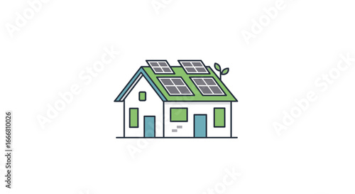 A simple, clean illustration of a house with solar panels on its roof, symbolizing renewable energy and eco-friendly living.