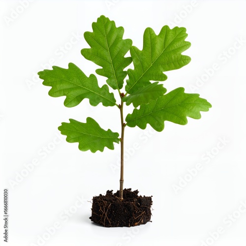 Emerging oak sapling with vibrant foliage symbolizes new beginnings on white background