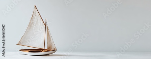 A small wooden sailboat with white sails on a white surface against a light gray wall