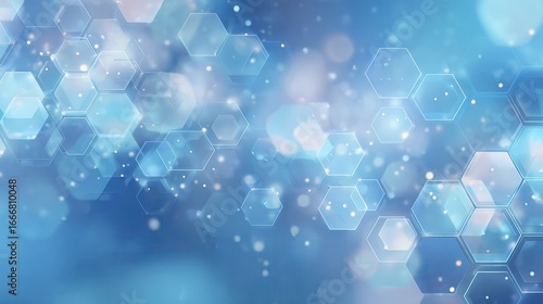 Blue pastel medical and tech background with hexagon pattern and bright sparkles. Realistic vector abstract bg with honeycomb geometric cell texture for medicine and science technology design