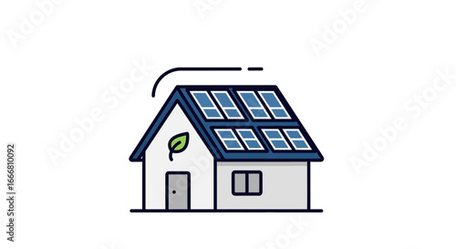 A house with solar panels on the roof and a leaf symbol, representing eco-friendly and sustainable living.