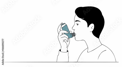 Young man using inhaler for asthma relief in minimalist style  