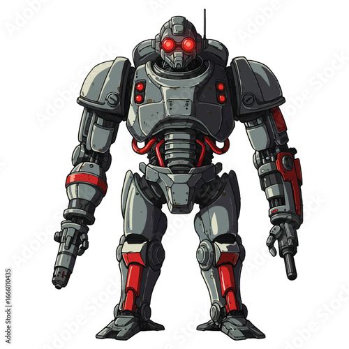 Armored combat robot soldier in grey and red with glowing eyes and integrated weapons.