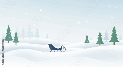 Sleigh in snowy landscape with evergreen trees and winter sky  