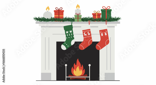 Christmas fireplace decorated with stockings and gifts in winter  