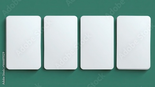 Playing cards mockup - realistic vector illustration set of four blank white paper or cardboard elements for poker game template. Empty mock up on green background for casino or gambling business