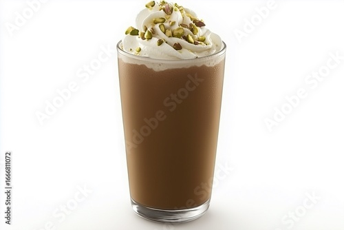 Coffee drink with whipped cream and pistachio topping in clear glass on white background.