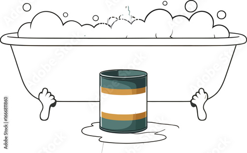 Luxurious spa relaxation: a vector of a vintage claw-foot bathtub filled with bubbles and a large candle.