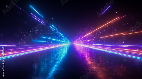 Long, colorful road with neon lights and a dark background. The road appears to be a futuristic highway, with bright