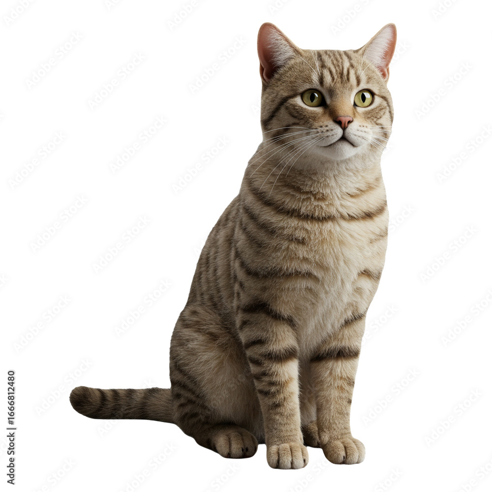 Fototapeta premium Realistic tabby cat sitting upright single png with stripes