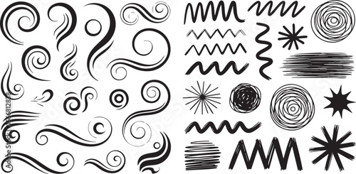 Hand-drawn vector collection of calligraphic swirls, ornate flourishes, and abstract doodle sketches
