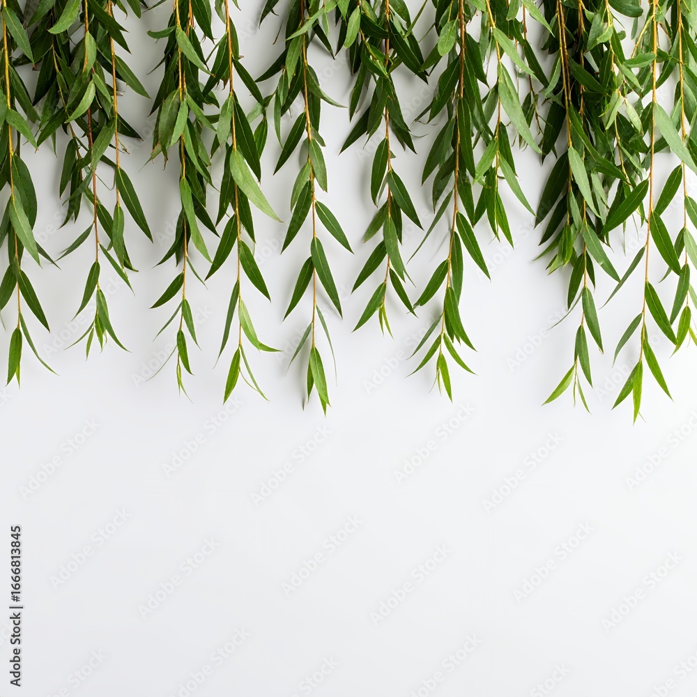 Obraz premium Cascading willow branches with vibrant leaves create an organic border on white background