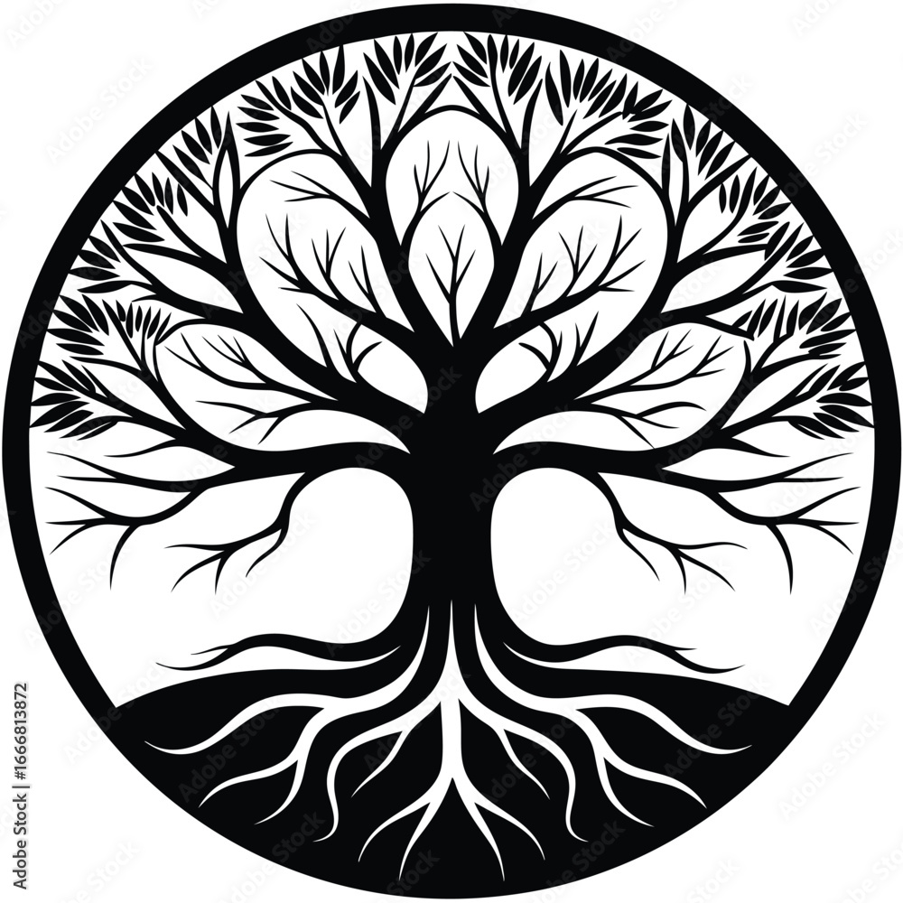 Obraz premium Elegant Black Tree of Life Symbol with Intricate Roots within Circular Border
