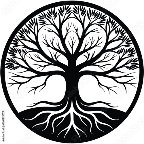 Elegant Black Tree of Life Symbol with Intricate Roots within Circular Border