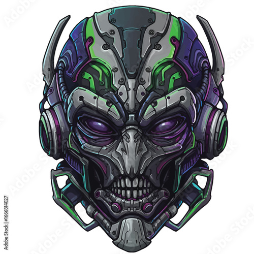 Futuristic biomechanical skull helmet with glowing purple eyes and green accents.
