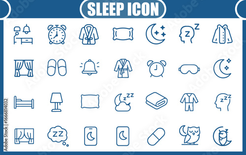 Collection of editable line icons about sleep, dreams, bedroom, rest, insomnia, pillow and night