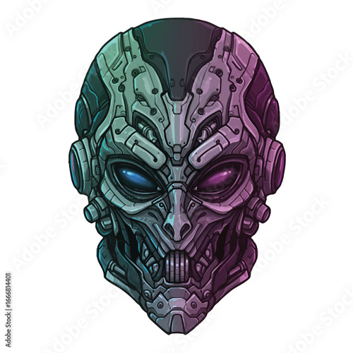 Futuristic biomechanical scifi helmet with glowing blue and purple eyes and intricate details.