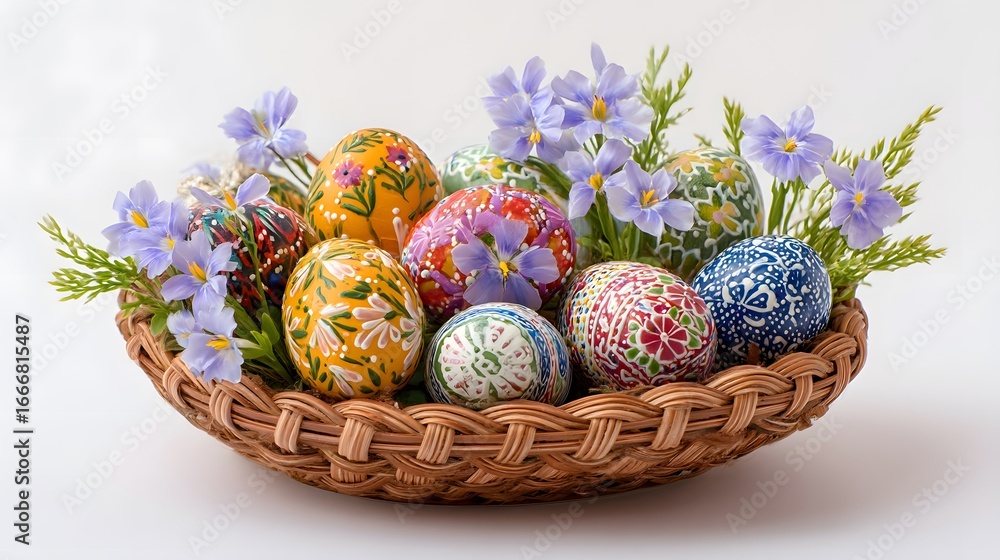 Fototapeta premium Vibrant Easter Basket with Hand Painted Eggs - Festive Easter Decor