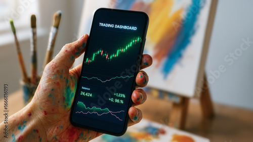 Anyone Can Trade Concept. Artist holding smartphone with trading app