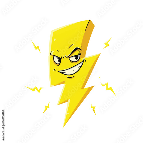 Mischievous yellow cartoon lightning bolt character with an angry villainous smirk.