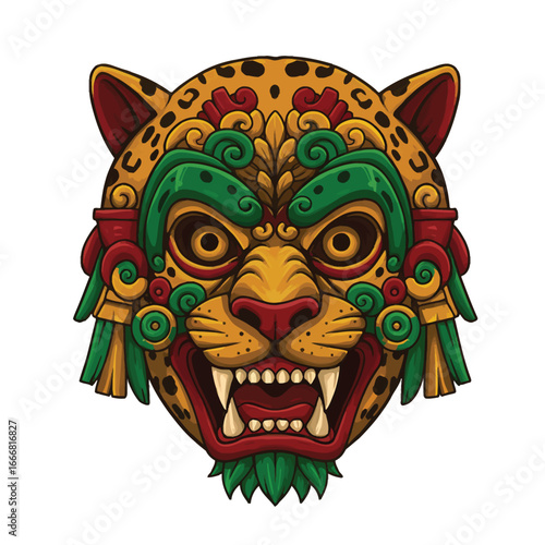 Ornate Aztec jaguar warrior mask with a fierce expression and colorful details.
