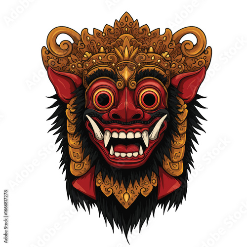 Ornate Balinese Barong mask with a fierce expression and golden headdress.