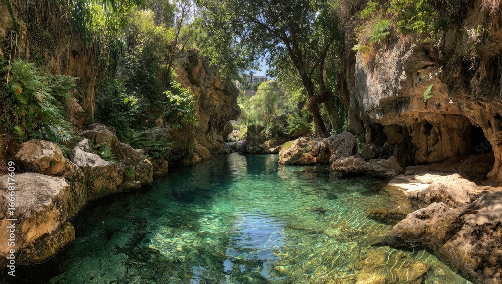 Naklejka premium Crystal-clear pool nestled within a rocky, lush canyon. Sunlight filters through trees
