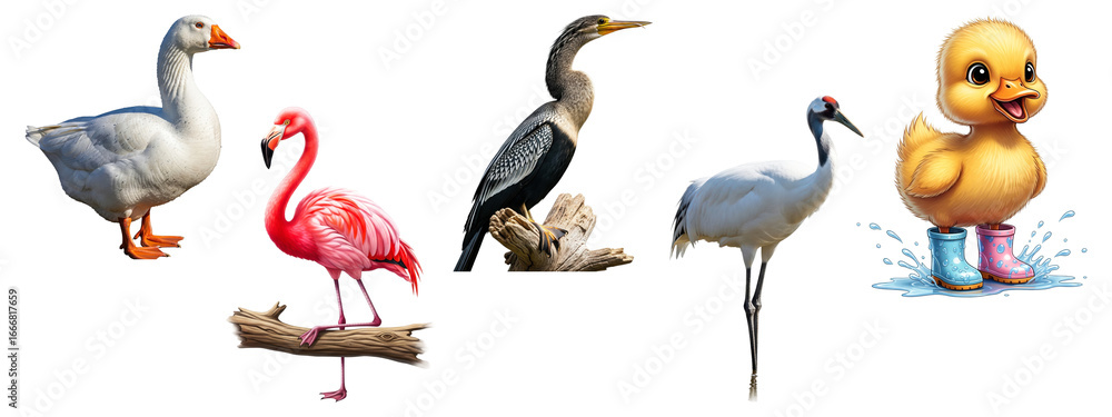 Obraz premium Collection of various water birds and a cute cartoon duckling in boots.