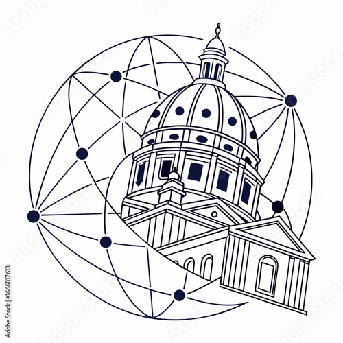 Government building dome and network grid illustration