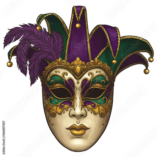 Ornate Venetian Mardi Gras jester mask with purple feathers and gold details.