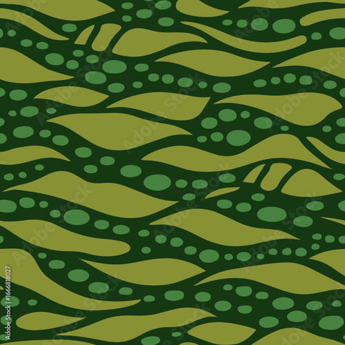 Abstract organic pattern with flowing shapes and scattered dots in shades of green and olive