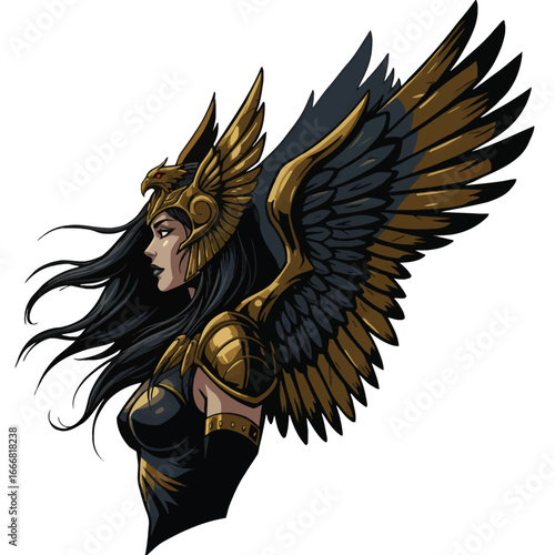 Profile illustration of a mythical Valkyrie warrior with black and gold wings and helmet.
