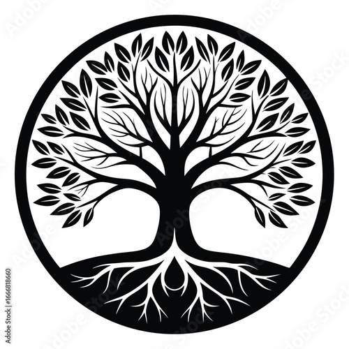 Stylized Tree of Life Vector Illustration with Roots and Leaves in Circle Frame