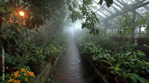 Misty greenhouse pathway with lush plants and natural light ambiance