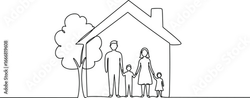 One line family illustration, parents with children, house and tree continuous drawing, happy home concept, minimal design vector, modern lifestyle artwork, simple sketch
