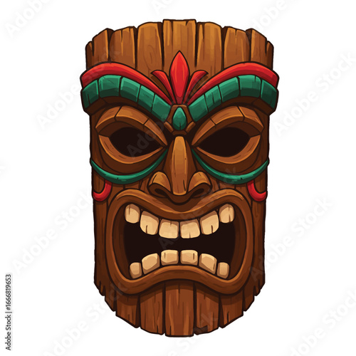 Stylized wooden Tiki mask with a fierce angry expression and colorful red and green details.