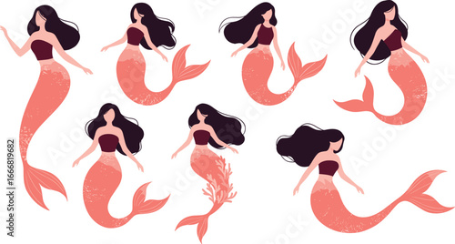 Beautiful mermaid illustrations, fantasy sea creatures with long hair, mythical ocean girl vector art, underwater fairytale character, aquatic design, marine life artwork, magical beauty