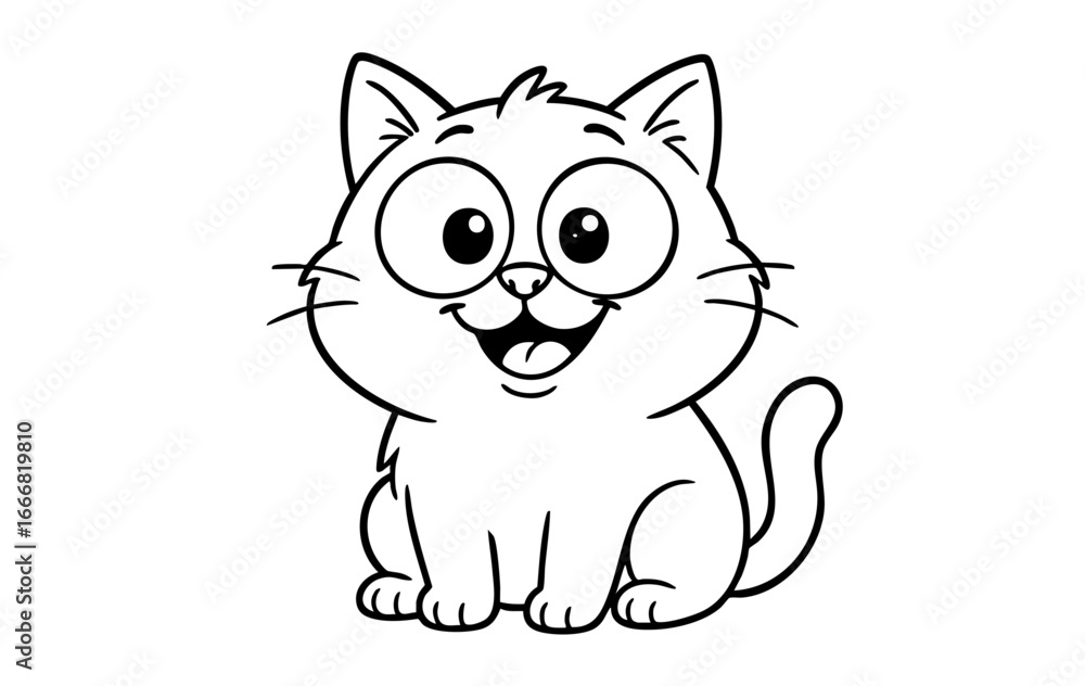 Obraz premium A cute and funny cartoon cat character sitting with a happy expression. Simple line art drawing