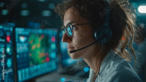 Focused scientist analyzing weather data on advanced computer monitors in hightech control room
