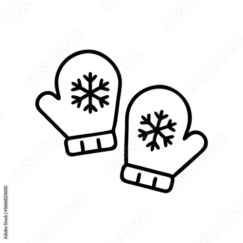Winter mittens with snowflake design in black outline style  