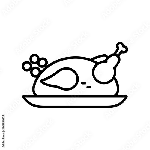 Cartoon-style turkey on a plate with vegetables and garnishes  