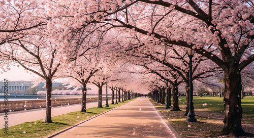 Blossoming beauty along the Tidal Basin Washington DC in peak cherry blossom season with soft