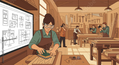 Artisan's haven: Focused woodworker crafting with precision in a sunlit workshop